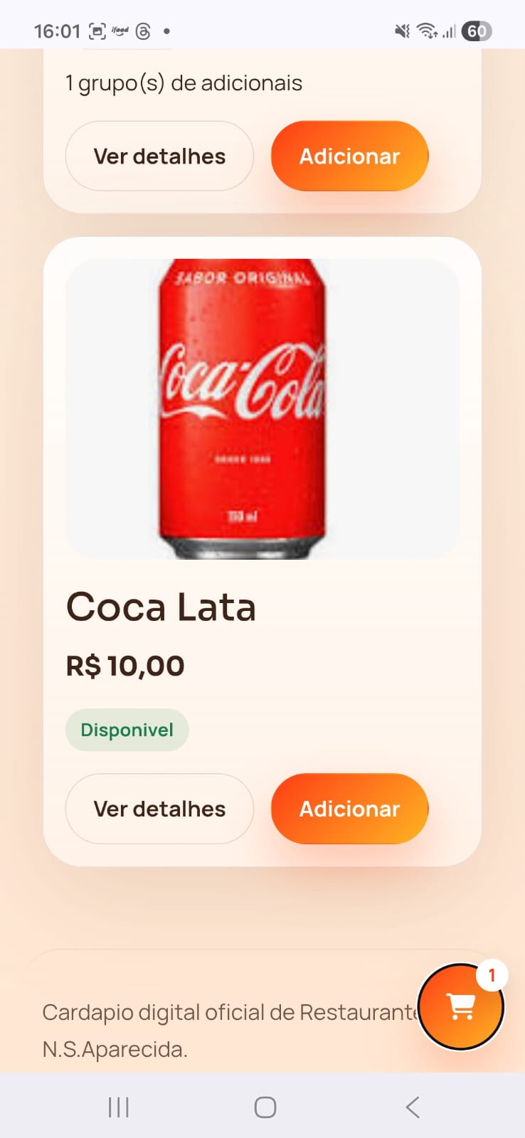 Tela do carrinho no sistema MaiFood