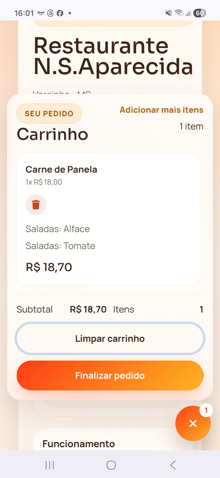 Tela de produtos no sistema MaiFood